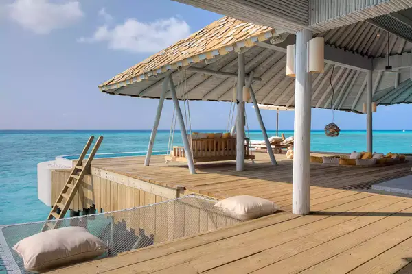 The patio on the Overwater Hideaway at Soneva Secret 