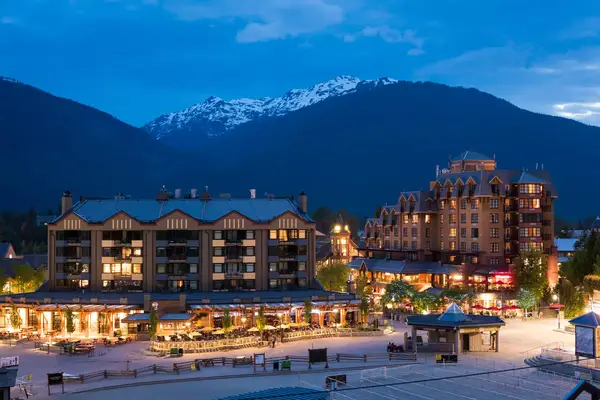 Ski village at dusk in summer, Whistler-Blackcomb