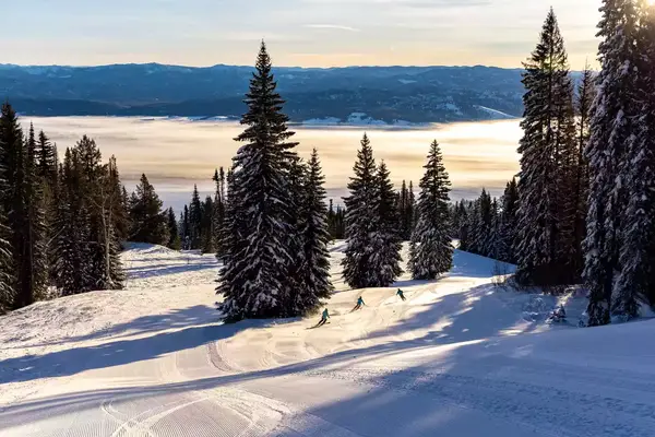 Skiers going down a mountain as the sun sets