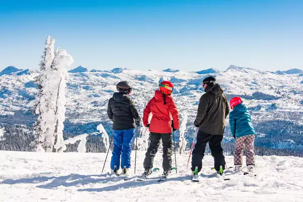 A family of skiers looking at the view of mountains