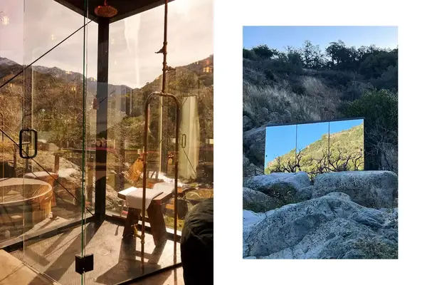 View of shower inside mirror house with 180 degree exterior views and an exterior view of a mirror house on a cliff 
