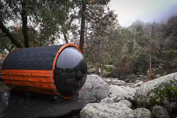 View of barrel sauna at Paradise Ranch, California.