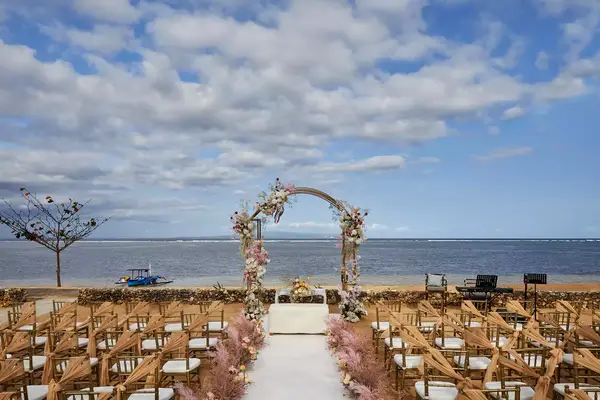 A wedding set up along the beach