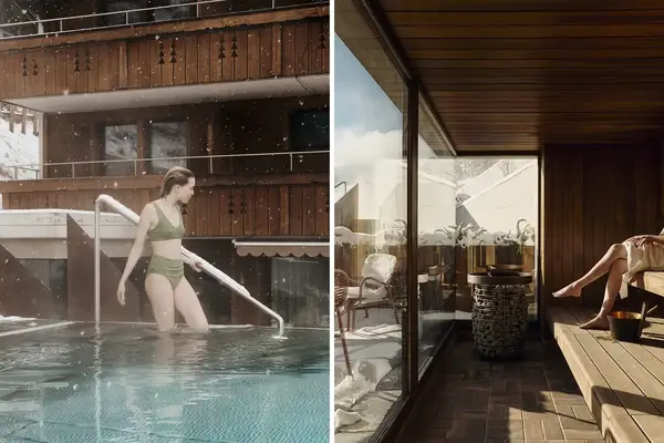 Left, a person enters an outdoor pool near a wooden building; right, a person relaxes in an interior space with snow visible outside