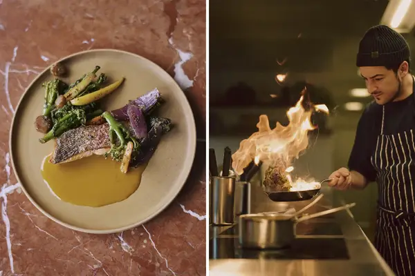 A gourmet dish with a side of a chef cooking a flaming dish in a professional kitchen