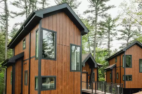 Wooden treetop villas with large windows and forest surroundings