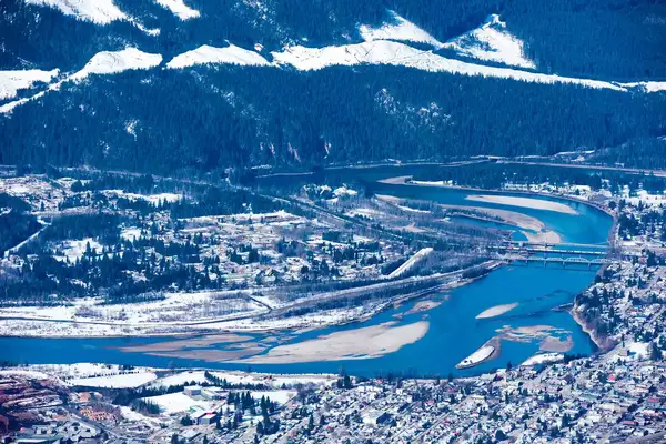Scenic mountain views from aerial perspective in Revelstoke, BC, Canada during winter 