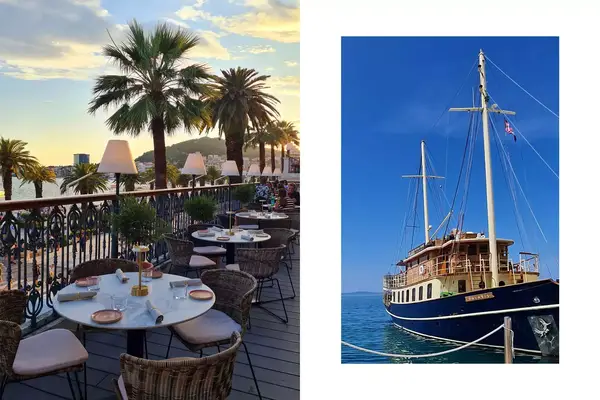 Terrace dining with palm trees at sunset and yacht charter boat at Le Meridien Lav Split 