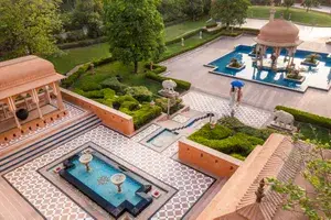 Aerial view of the pool terrace at the Oberoi Rajvilas