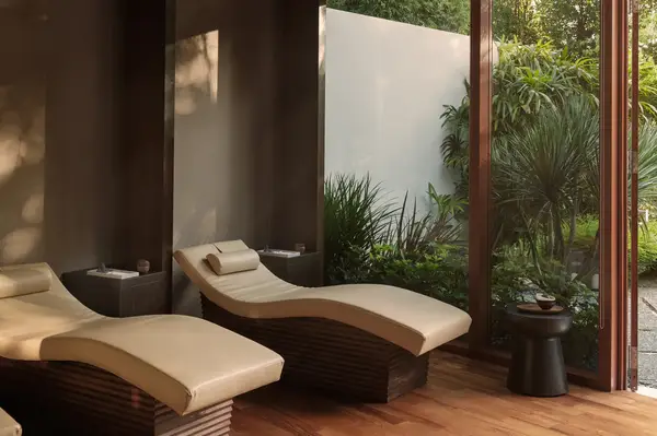 Lounge chairs in a spa setting next to a window with garden view