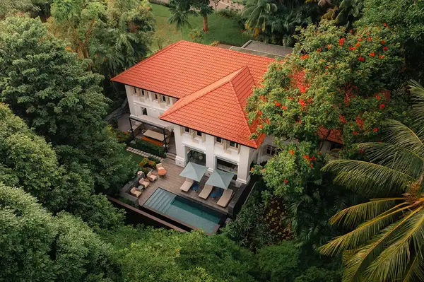 Colonial-style villa with a pool amidst lush greenery