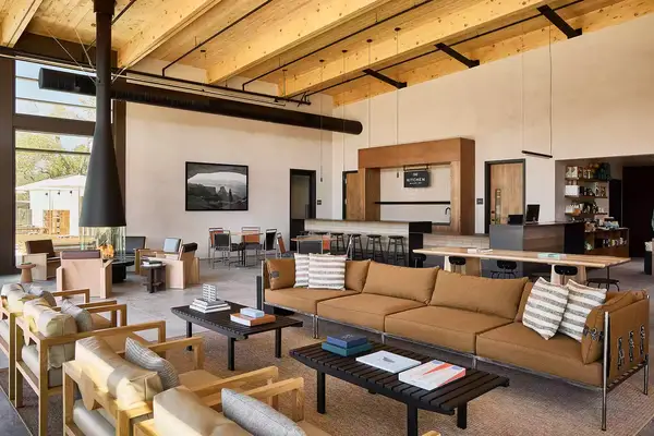 Interior of the main building and kitchen at AutoCamp Zion