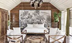 Rustic bedroom with wooden furniture and tropical wall art, located in a farmhouse setting