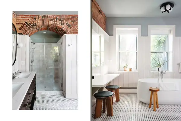 A guest room bathroom at Norumbega Inn in Maine 