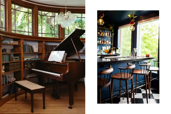 A piano and the bar at Norumbega Inn in Maine 