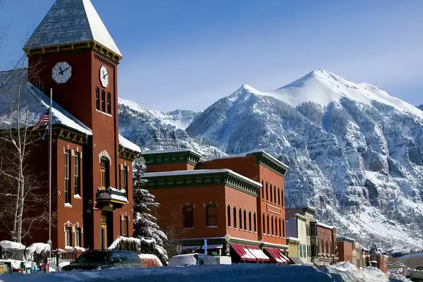 Ajax peak and Telluride Colorado main street winter