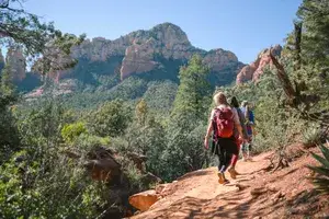 Female friends hiking in Sedona, AZ during spring