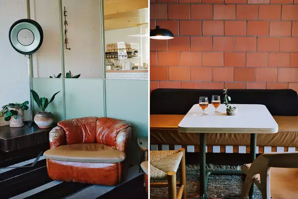 Two photos showing interior scenes at the Carpenter Hotel