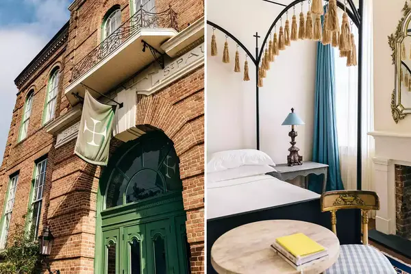 Pair of photos showing the Hotel Peter & Paul in New Orleans, including the exterior, and a guest room