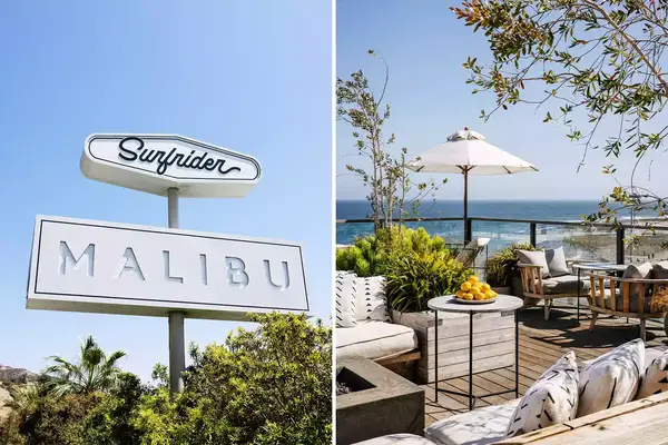 Two photos from the Surfrider hotel in Malibu, California. One photo shows the hotels sign, and the other the property