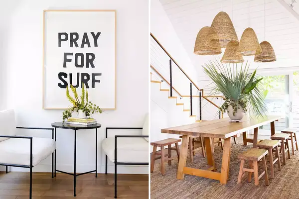 Two photos showing the light airy interiors of the Surfrider hotel in Malibu, California