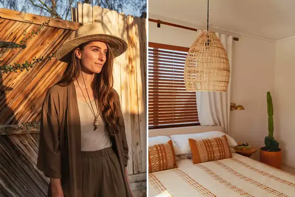 Pair of photos from Joshua Tree House. One shows owner Sara Combs, and one shows a bedroom at the property