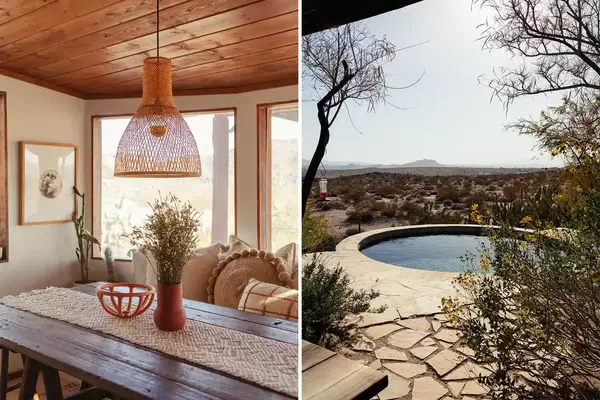 Pair of photos show the dining table and the pool at the Joshua Tree House Hacienda rental property