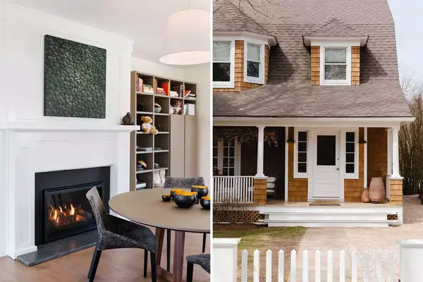 Pair of photos show the interior and exterior of the Roundtree Hotel in Amagansett, New York