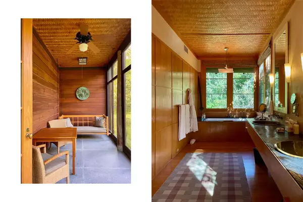 A guest room porch and bathroom at Twin Farms 