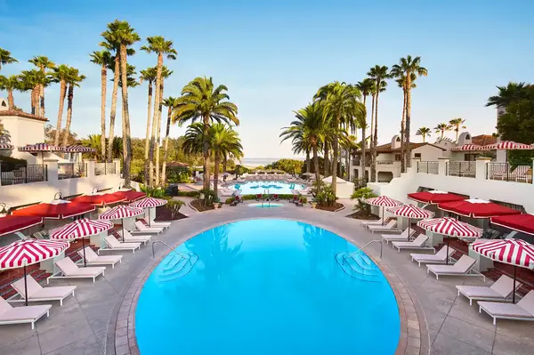 Outdoor pool area surrounded by palm trees and lounge chairs, with a clear view of sunny skies