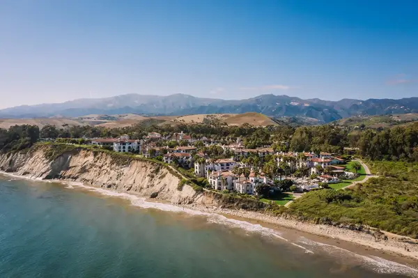 Coastal resort with white buildings and cliffs