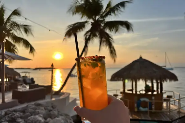 An orange beverage held up against the palm trees and sunset 