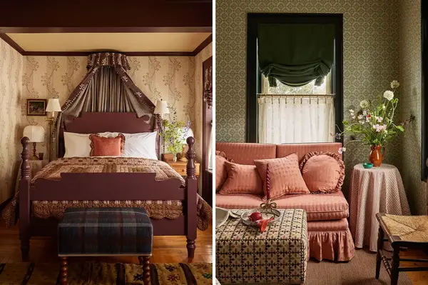 A cozy bedroom and sitting area with classic furniture and floral decor