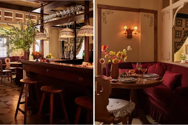 Two views of a dining area in a cozy restaurant or inn with a bar and dining tables