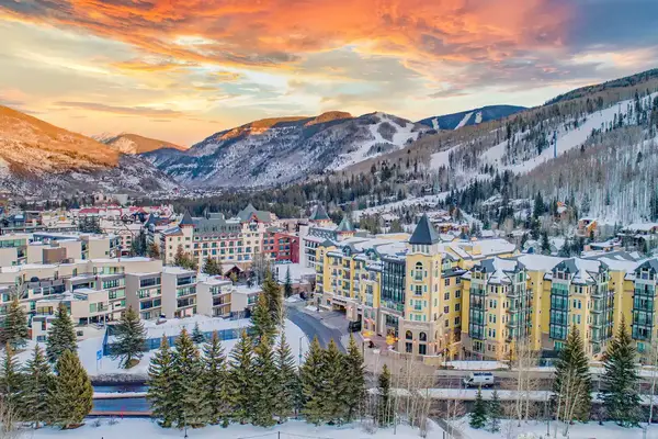 Snow covering the town of Vail, Colorado, in winter. 