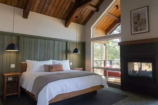 Interior of a cottage King Room at Firefall Ranch