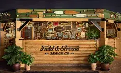 Front desk of Field & Stream Lodge Co with decorative elements and wooden ambiance