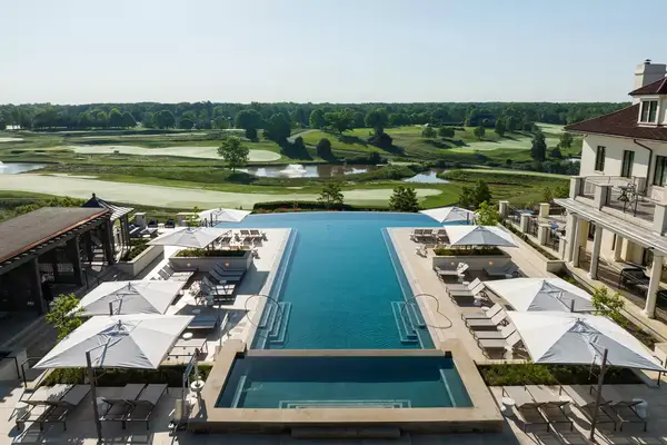 Aerial shot of pool area and surrounding greenery