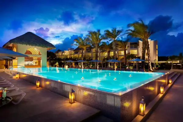 The night time view of the pool at Hard Rock Hotel in Punta Cana