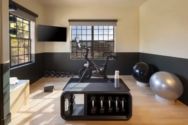 Home workout studio with exercise equipment including a stationary bike, kettlebells, dumbbells, and stability balls