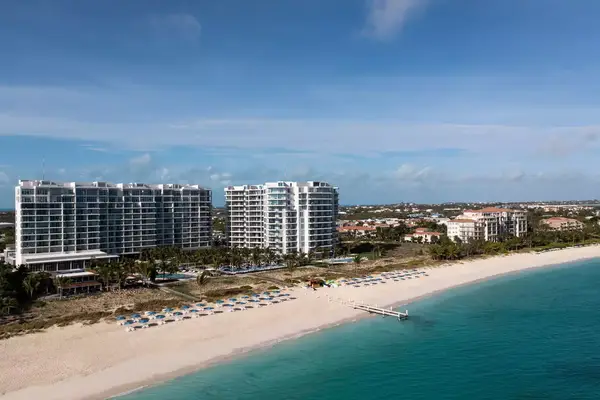 Aerial view of ocean and The Ritz-Carlton, Turks & Caicos