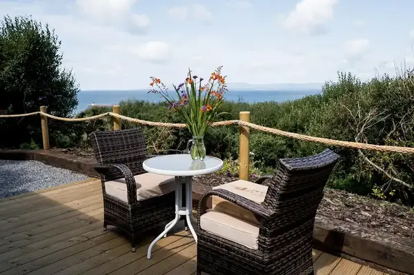 Two wicker chairs and a small table with a vase of flowers on a patio overlooking a natural landscape