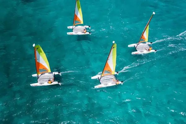 Four small sailboats with colorful sails navigating on clear ocean water
