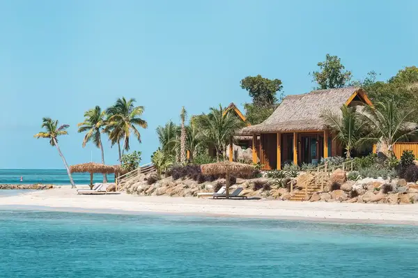 Bungalow by the beach with surrounding palm trees and clear shallow water in a tropical setting