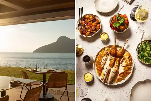 A split image showing a beachfront dining area on the left and a selection of dishes on a table on the right