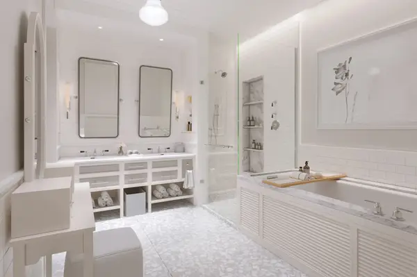 Luxury bathroom with dual sinks, large bathtub, glass shower, and minimalist decor