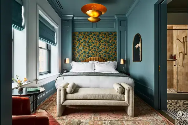 The bedroom of the Vincent at the Fidelity Hotel in Cleveland, Ohio