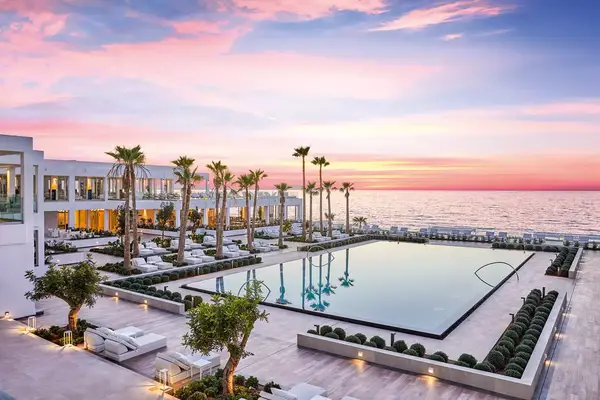 Aerial view of the pool at Lux Me White Palace Grecotel Luxury Resort, Crete