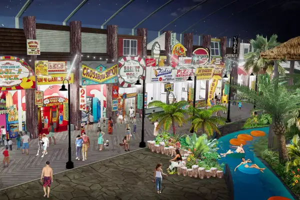 Rendering of the boardwalk and lazy river at night on Island Waterpark at Showboat