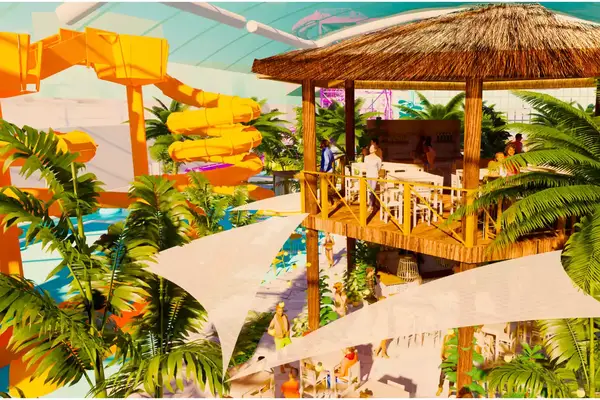 Rendering of a waterslide at Island Waterpark at Showboat